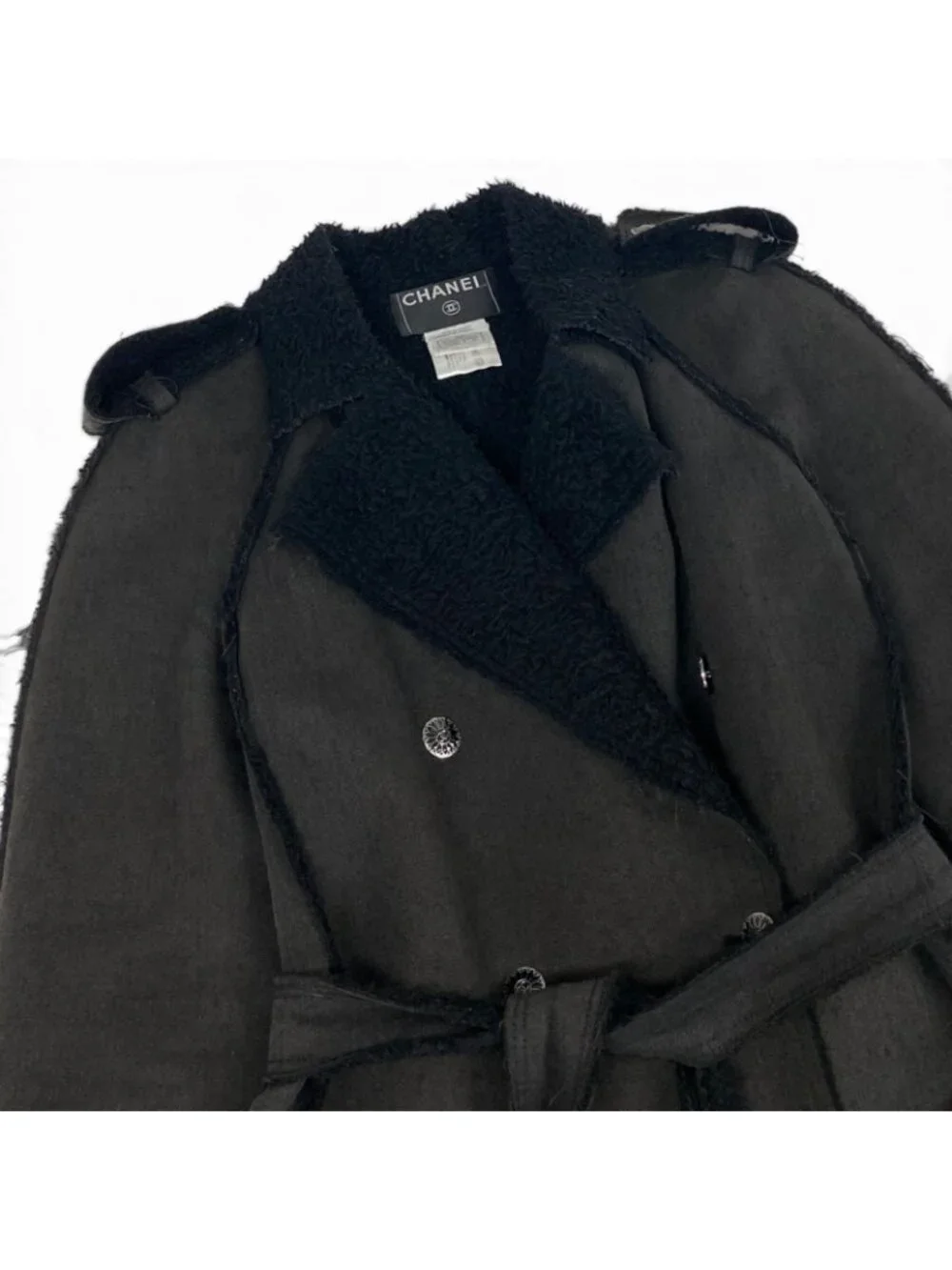 Chanel 06A Coco Buttons Cutoff Trench Coat Frayed Edge Dark Gray 38